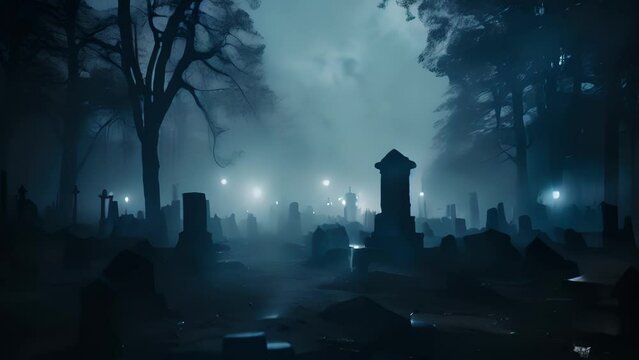 A foggy cemetery in the dead of night lightning flashing between distant trees revealing an otherworldly atmosphere..