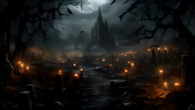 An ancient graveyard illuminated by a single flickering lantern creeps and crawls with an eerie presence..