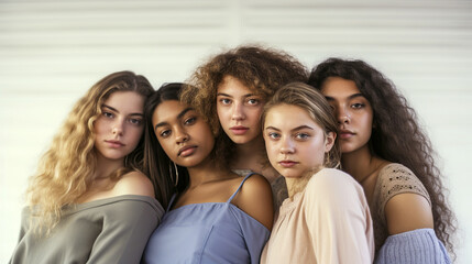 Obraz premium Diversity group of girls on white background studio shot. Young women of different nationalities. Studio portrait for Beauty industry.