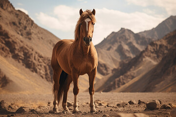 Cavalo marrom na montanha - Papel de parede lendario - obrazy, fototapety, plakaty