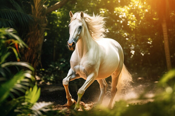 Cavalo branco galopando na floresta tropical - Papel de parede  - obrazy, fototapety, plakaty