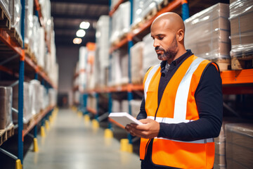 African American male warehouse worker conducting inventory check on product shelves, organized and efficient
