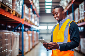 African American male warehouse worker conducting inventory check on product shelves, organized and efficient
