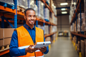 African American male warehouse worker conducting inventory check on product shelves, organized and efficient