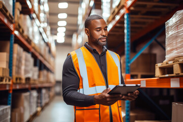 African American male warehouse worker conducting inventory check on product shelves, organized and efficient