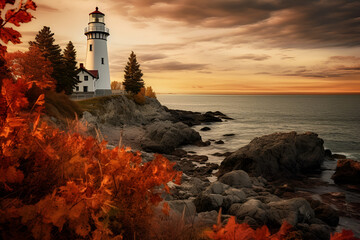 lighthouse at dusk in autumn 