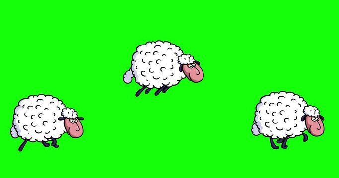 Sheep 2 sleep multi characters white with black outline greenbox. Cartoon character walking from left to right and jumping. Good for lullaby, counting to sleep. God for sleepless nights. Seamless loop