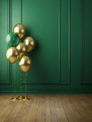 Golden and Green Balloons with Green Background, Celebration, Festive, Birthday Party, Copy Space. Generative AI