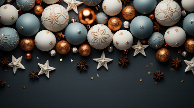 Top View Christmas Background, Minimalist, Copy space, Festive Celebration Decoration. Generative AI