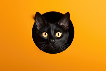 Funny black cute cat with beautiful big eyes isolated on bright orange background. Kitten looks out of hole. Pet peeps through torn paper background. Peekaboo. Creative animal concept with copy space