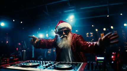 Santa Claus DJ cool at Christmas with Dance Electronic Music and lights with joy and happiness