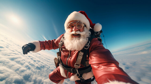 Santa Claus happy and extreme at Christmas in Paracaidas that arrives from heaven bringing gifts to children