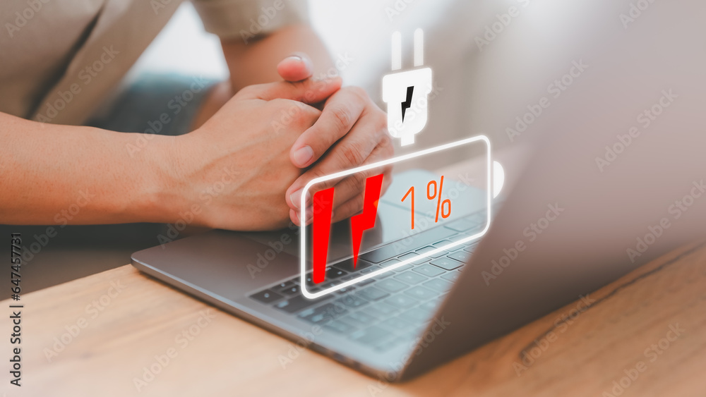 Poster no power battery. man is angry and frustrated when he learns that his laptop computer's battery is d