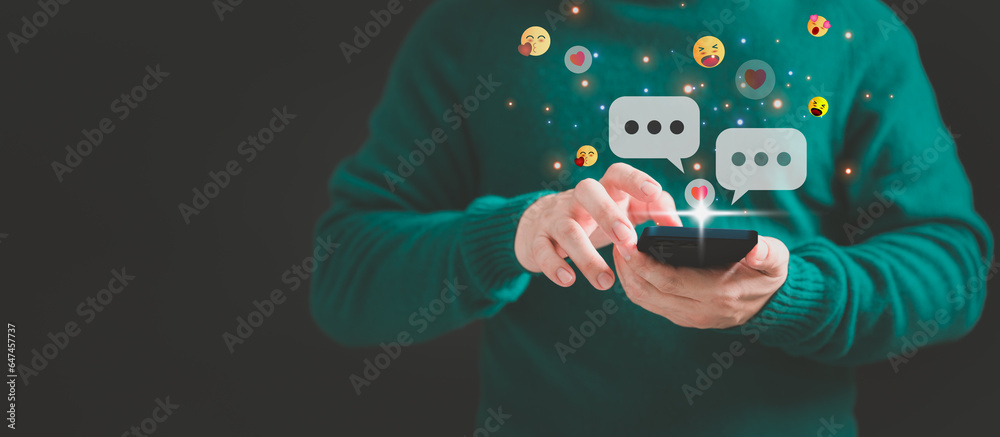 Aufkleber Young man using a smartphone with social media, typing live chat chatting on application communication digital web and social network concept. Social media application chat box.