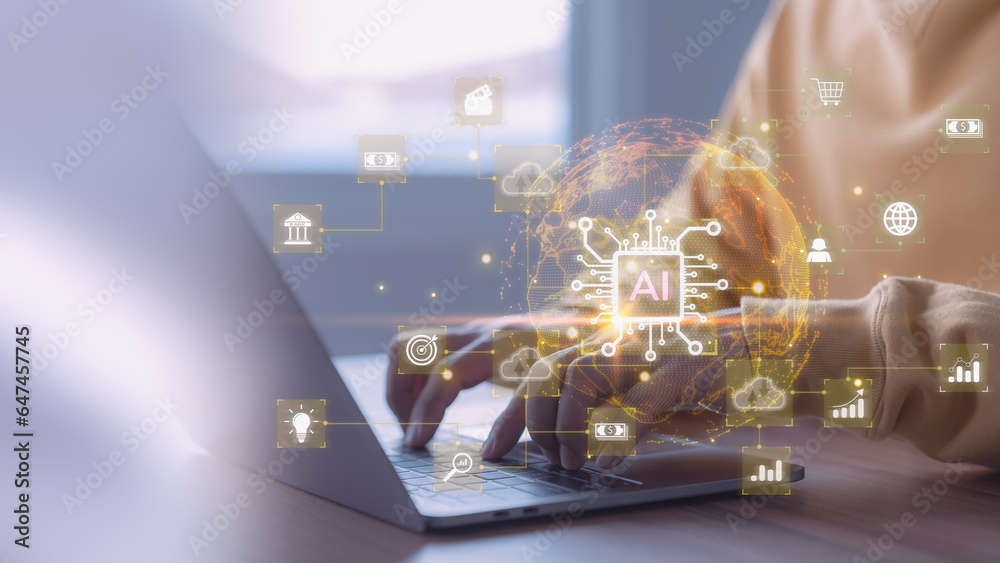 Poster Ai technology with cloud computing, internet of things. Digital transformation change management. Technology big data and business process strategy, Financial management and digital smart industry.