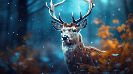 Red deer stag in the winter forest. Noble deer male. Banner with beautiful animal in the nature habitat. Wildlife scene from the wild nature landscape. Wallpaper, Christmas background