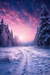 Winter night landscape. Forest, trees and road covered snow. Winterly evening with first stars. Purple landscape with sunset. Happy New Year and Christmas concept