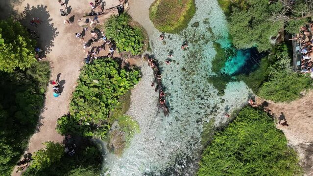 Sarande, Albania. Wednesday 13 September 2023 The Blue Eye or Syri i Kalt&euml;rdrone view from above people diving in deep blue natural spring water summer feelings amazing places to be cinematography