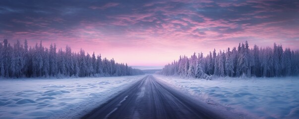 Banner with winter panorama landscape. Forest, trees and road covered snow. Sunrise, winterly morning of a new day. Purple landscape with sunset. Happy New Year and Christmas concept - obrazy, fototapety, plakaty