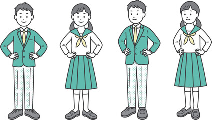 腰に手を当てる男女の学生
