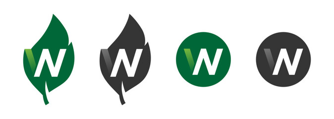 NW logo design with leaf icon shape. Initial NW logo nutrition business brand design concept in green color
