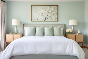 Serene and Refreshing Mint Green Bedroom Interior with Cozy and Inviting Vibes