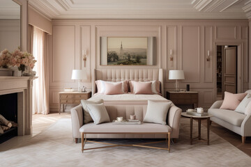 Dreamy Haven: A Serene Bedroom Interior Immersed in Delicate Pale Pink Hues, Exuding Tranquility and Elegance