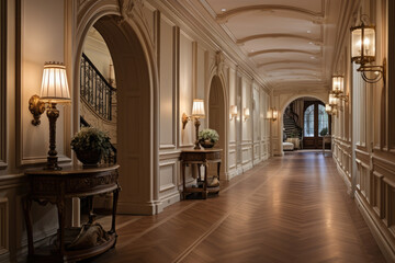 A Serene and Elegant Traditional Style Hallway Interior with Ornate Woodwork and Soft Lighting
