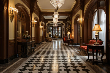 Fototapeta premium A Majestic Colonial Style Hallway Interior with Ornate Chandeliers, Intricate Woodwork, and Vintage Furnishings
