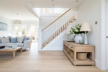 A Serene Scandinavian Coastal Style Hallway Interior with Light Wood Floors, White Walls, and Nautical Accents