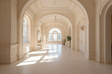 Fototapeta na wymiar A Serene and Elegant Ivory-Colored Hallway Interior with Classic Architecture and Soft Illumination