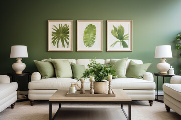 A Serene and Refreshing Living Room Interior in Green and White Tones, Perfect for Relaxation and Elegance