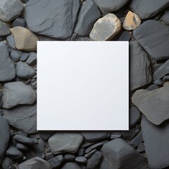 Blank square white card lying on background of slate and stones Generative AI