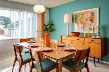 Fototapeta na wymiar Vibrant Retro 1960s Dining Room with Bold Colors and Geometric Patterns