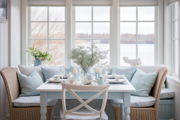 Elegant Coastal Charm: A Serene Scandinavian Dining Room with Light Blue and White Colors