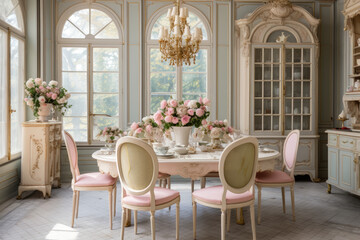 Fototapeta na wymiar A Charming Vintage French Dining Room with Ornate Furniture and Soft Pastel Colors