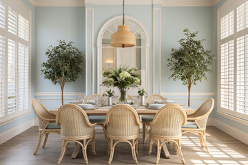 Elegant French Country Coastal Dining Room with Soft Pastels and Nautical Accents Creates a Serene Ambiance