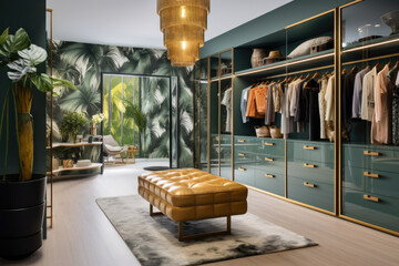 Step into a Tropical Paradise with this Exquisite Walk-in Closet, adorned with lush greenery and vibrant colors, creating a serene oasis for your wardrobe