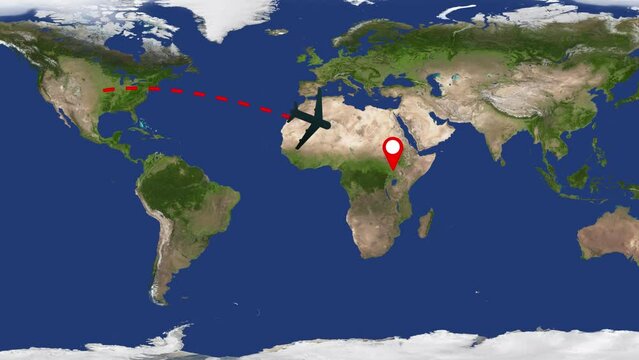 Airplane Flying over World Map Flights on world map travel across continents animation background. k1_1117