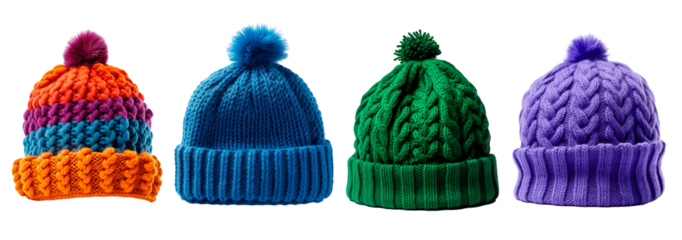 Set of colorful wool beanies hat over isolated transparent and white background