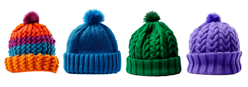 Set of colorful wool beanies hat over isolated transparent and white background