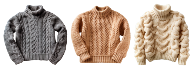 Three soft wool jumper in neutral tones over isolated on white and transparent background