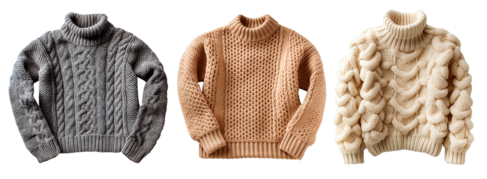 Three soft wool jumper in neutral tones over isolated on white and transparent background