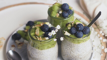 Chia pudding with kiwi and blueberries