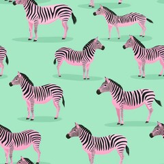 Fototapeta na wymiar Hand drawn abstract striped pink zebra pattern on mint green background. Collage contemporary seamless pattern. Fashionable template for design.