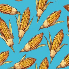 Yellow ripe corns illustration seamless patterns isolated on blue background, food packing paper, harvest concept. 