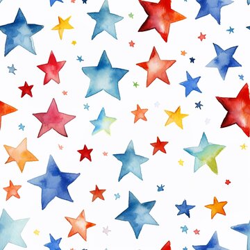Colorful stars on white seamless pattern, for gift packing paper, web banner background.