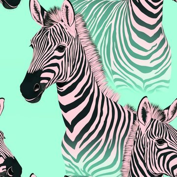 Hand drawn abstract striped pink zebra pattern on mint green background. Collage contemporary seamless pattern. Fashionable template for design.