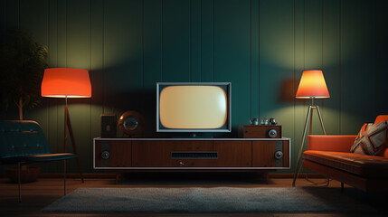 Retro Modern style Livingroom, granny style decor with Television, Chairs, and lamps