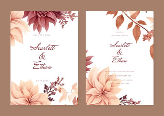 Rustic wedding invitation template. Brown beige and white modern wedding invitation template with flora and flower